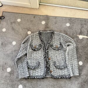Gray Women Cardigan/Jacket with Fringe Detail